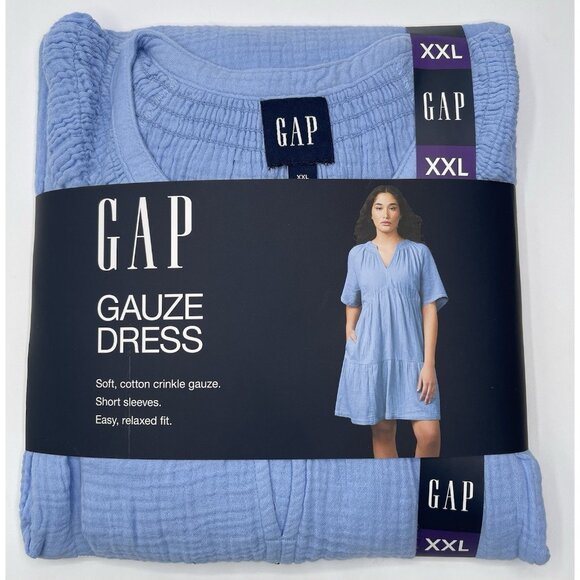 Gap Women's Gauze Tiered Dress Size XXL Blue Short Sleeve BOHO V Neck - Picture 1 of 3